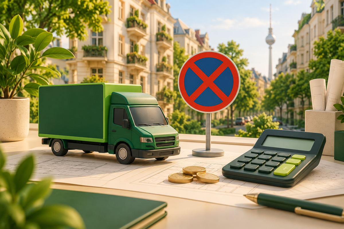 KI-Illustration: Transporter, Halteverbotsschild und Taschenrechner zur Kostenplanung