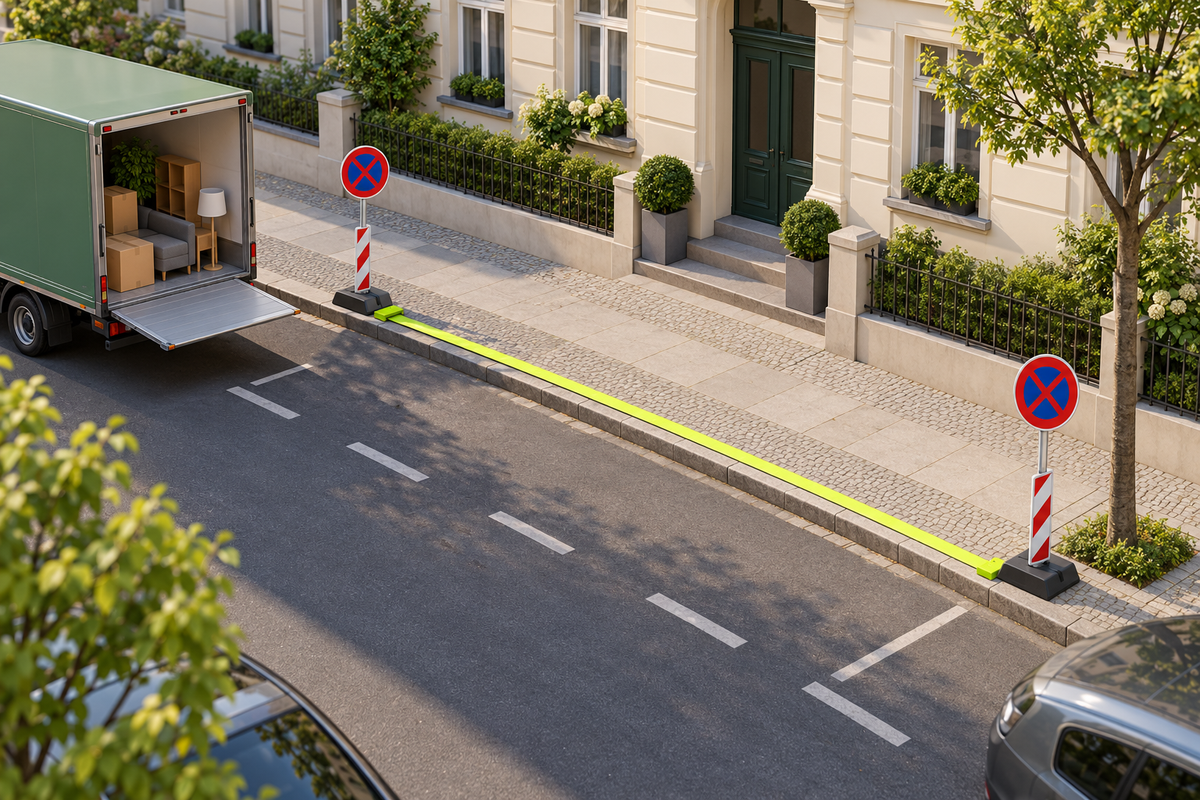 KI-Illustration: Ladefläche mit Transporter und Maßband zur Planung der Zonenlänge
