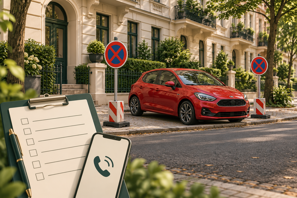 KI-Illustration: Geparktes Auto in einer Halteverbotszone mit Dokumentationssymbolen